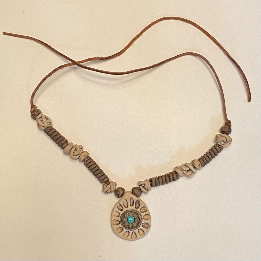 Vintage boho necklace, shells and other natural materials, leather tie